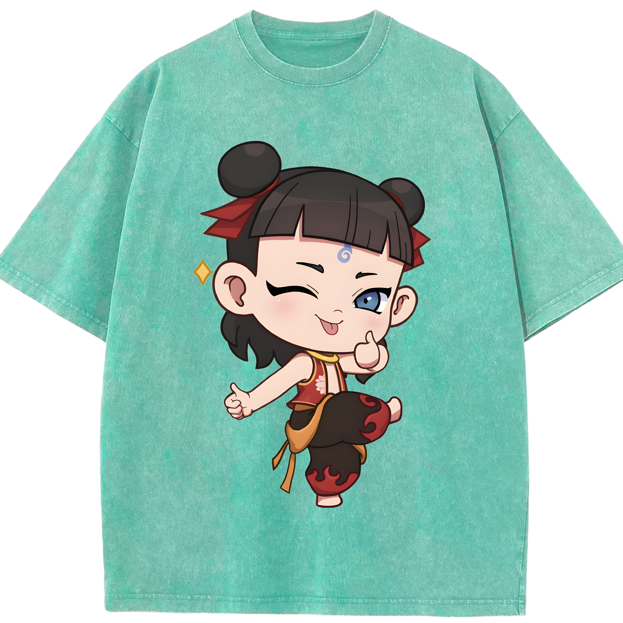 （画像用） Ne Zha 2 ナタ 魔童の大暴れ 綿100% ヴィンテージ風 半袖Tシャツ（フロントプリント）